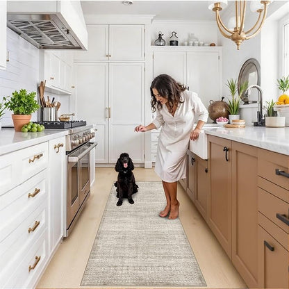 Washable 2x6 Runner Rug for Kitchen: Neutral Easy-Clean Entryway Carpet with Non-Slip Backing Water-Resistant Floor Mat for Bedroom Bathroom – Perfect for High-Traffic Areas with Pets(Beige/Ivory,2x6)