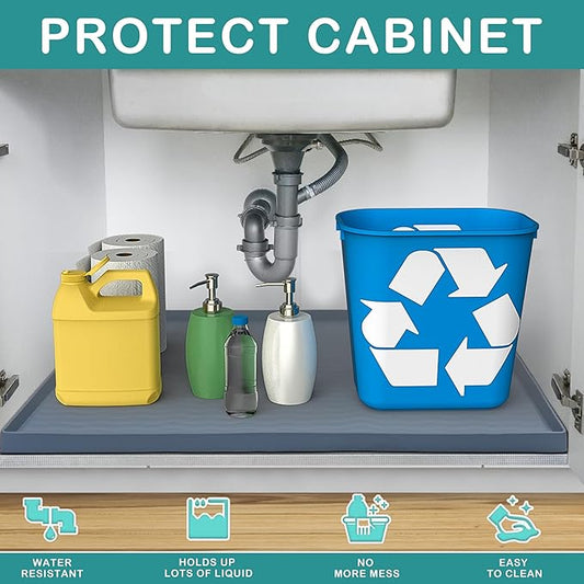 URMONA Waterproof Silicone Under Sink Mat 34'' x 22'' Shelf Liner for Kitchen and Bathroom, Cabinet and Counter Protector, Storage and Organizers, Litter Mat, Pet Cat Puppy Essentials(Khaki)