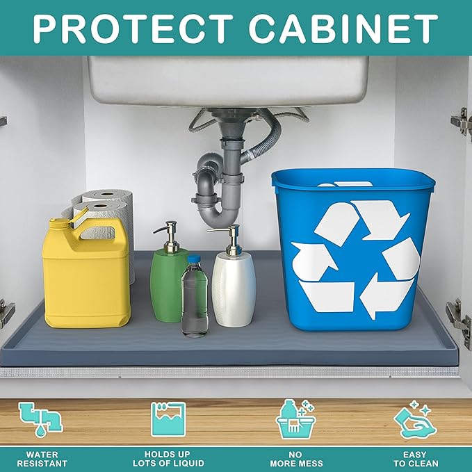 URMONA Waterproof Silicone Under Sink Mat 31'' x 22'' Shelf Liner for Kitchen and Bathroom, Cabinet and Counter Protector, Storage and Organizers, Litter Mat, Pet Cat Puppy Essentials(Green)