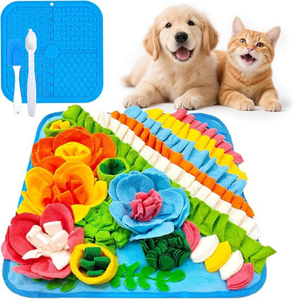 PETCARE Dog Snuffle Mat and Lick Mat Set, Interactive Enrichment Dog Puzzle Toy for Puppy Small Dogs Cats Rabbits, Cognitive Sniff Foraging Mats Mental Stimulation Treat Game Slow Feeder Mats