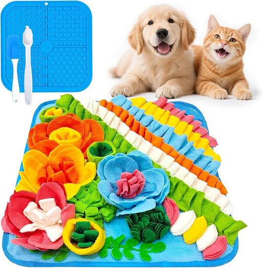 PETCARE Dog Snuffle Mat and Lick Mat Set, Interactive Enrichment Dog Puzzle Toy for Puppy Small Dogs Cats Rabbits, Cognitive Sniff Foraging Mats Mental Stimulation Treat Game Slow Feeder Mats