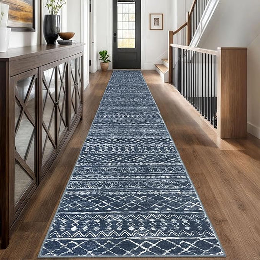 KUTA Moroccan Washable Runner Rug 2.6x18 Non-Slip Vintage Navy Blue Boho Hallway Kitchen Rugs Ultra Soft Geometric Floor Carpet Runners for Bedroom Stairway Living Room