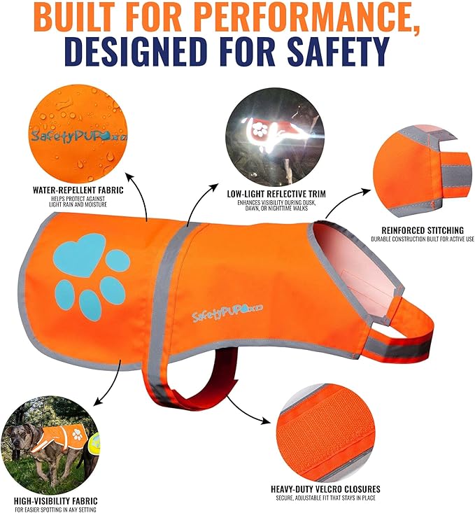 SafetyPUP XD Reflective Dog Vest. Hi-Visibility, Fluorescent Blaze Orange Dog Vest Helps Protect Your Best Friend. Safeguard Your PUP from Motorists & Hunting Accidents, On or Off Leash (X-Small)