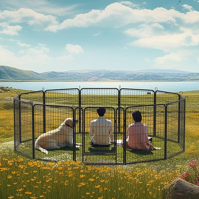 Dog Playpen Indoor - Pet Fence Puppy Exercise Pen for Yard Gate 6/8/12/16Panel Heavy Duty Crates with Doors Metal Dog Pen for Camping Outdoor (27.4 x 31.7 Inch, Black 12 Panels)