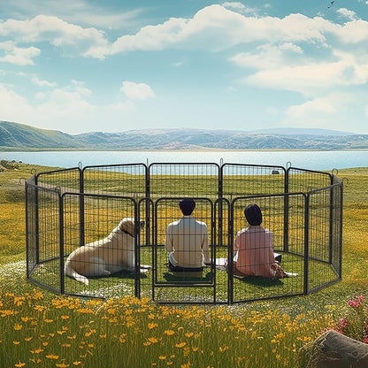 Dog Playpen Indoor - Pet Fence Puppy Exercise Pen for Yard Gate 6/8/12/16Panel Heavy Duty Crates with Doors Metal Dog Pen for Camping Outdoor (27.4 x 31.7 Inch, Black 12 Panels)