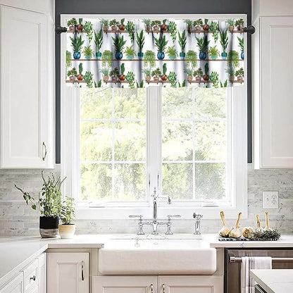 Bohemian Flower Valance Curtains, Watercolor Succulent Plants Green Indoor Plants Potted Flower Window Valance Curtain for Farmhouse Bedroom Living Room Kitchen 54x18inch
