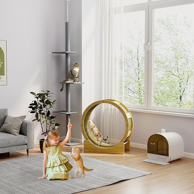PawHut Floor-to-Ceiling Cat Tree Cat Climbing Tower with Sisal-Covered Scratching Posts Natural Cat Tree Activity Center for Kittens Cat Tower Furniture, Grey