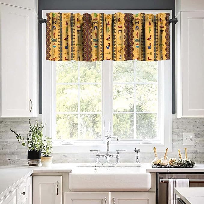 Vintage Ancient Egypt Curtains Valance, Retro Old Egyptian Hieroglyphics Floral Geometric Mysterious Egypt Culture Window Valance Curtain for Farmhouse Bedroom Living Room Kitchen 54x18inch