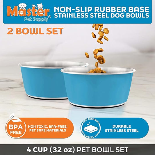 Master Pet Supply Stainless Steel Dog Bowls Set of 2 (32 Oz Each) with Non-Slip Rubber Base - True Blue - Basic Dog Food Bowl Water & Food Bowls for Small Medium Large Dogs & Cats, Metal Dish