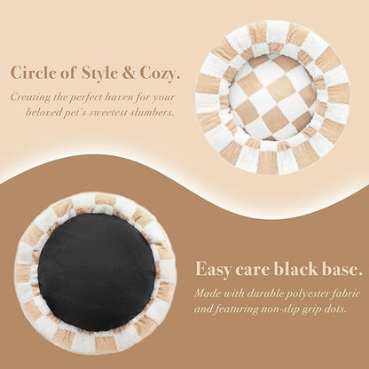 Checkered Dog Bed, Cute Beige Khaki Retro Style Aesthetic Round Warming Pet Calming Beds for Small Dog and Cats, Plush Cozy Donut Dog Beds Washable, 30" L x 30" W x 8" Th