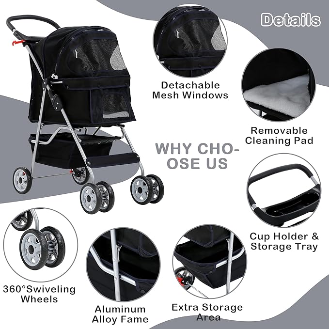 4 Wheels Dog Stroller, Foldable Pet Stroller for Small Medium Dogs, Portable Breathable Cat Stroller Dog Strollers with Storage Basket, Cup Holders, Removable Liner for Travel & Outdoor Use, Black