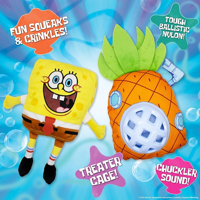 design LAB, Inc. Spongebob Squarepants Official Merchandise | Squeaky Plush Toys for Dogs | 2-Pack Spongebob & Pineapple Toys with Squeaker & Treat Dispenser | Cubby Hole to Hide Treats