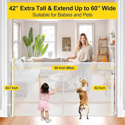 Reinforced 42” Extra Tall Retractable Dog Gate for Doorways 60” Wide Mesh Baby Gate, Tall Baby Gates for Stairs with Rods to Prevent Crawling Through Retractable Pet Gate Indoor Outdoor, White