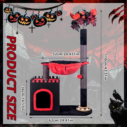 Cat Tree 38" Tower with Large Hammock, Scratching Post for Indoor Cats with Condo, Cat Furniture Track Balls and Bouncy Ball, Red Black