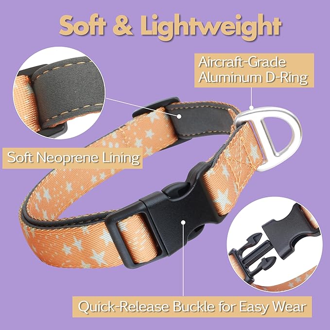 Fall Dog Collar, Cute Star Pattern Brown Collars for Girl & Boy,Reflective,Soft Padded Neoprene,Fully Adjustable,Durable & Lightweight Large Dog Collar, (Star, L)