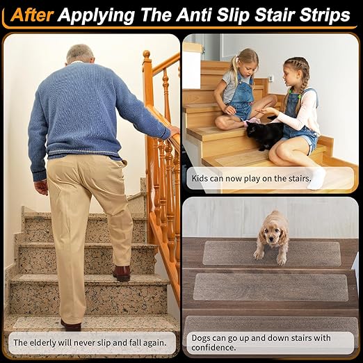 Clear Non Slip Stair Treads for Wooden Steps Indoor 5 Pack 4" x 40" Pre-Cut Anti Slip Stair Strips for Wood Stairs, Grip Tape Transparent Step Tread Grips for Dogs Kids and Pets, Waterproof