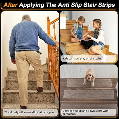 Clear Non-Slip Treads for Wooden Steps Indoor 15 Pack 4" x 24" Pre-Cut Anti-Slip Strips, Transparent Grip Tape for Wood Stairs, Waterproof Step Grips for Dogs, Kids and Pets