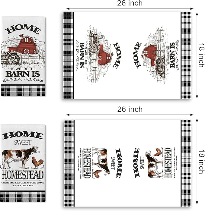 Farm Animals Kitchen Dish Towels Set of 2, Farmhouse Cow Rooster Barn Drying Hand Towel Baking Cooking Cloth, Homestead Tractor Sweet Home Decoration 18 x 26 Inches