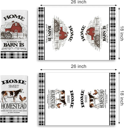 Farm Animals Kitchen Dish Towels Set of 2, Farmhouse Cow Rooster Barn Drying Hand Towel Baking Cooking Cloth, Homestead Tractor Sweet Home Decoration 18 x 26 Inches