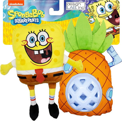 design LAB, Inc. Spongebob Squarepants Official Merchandise | Squeaky Plush Toys for Dogs | 2-Pack Spongebob & Pineapple Toys with Squeaker & Treat Dispenser | Cubby Hole to Hide Treats
