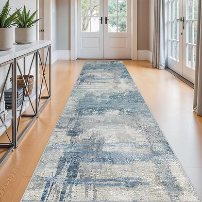 2.6x12 Extra Long Runner Rug Blue Grey Abstract: Washable Non-Slip Hallway Carpet for Entryway - Soft Thin Low Pile Floor Mat for Long Hallways, Custom Length 2.6x12 Blue