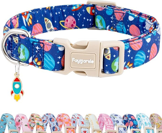 Faygarsle Space Theme Dog Collar, Navy Blue with Rockets and Planets Pattern for Summer Small Medium Large Dogs S