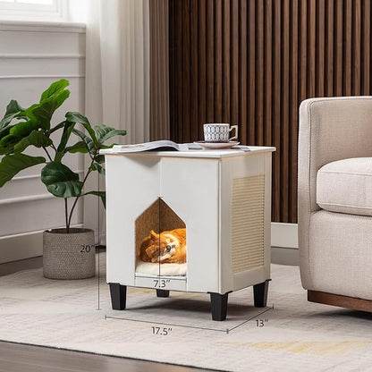 Cat House for Indoor Cats Condo,Cat Furniture with Large Area Scratch Pad，Leather Cat Bed Side Table & Nightstand for Living Room and Bedroom Decoration,White