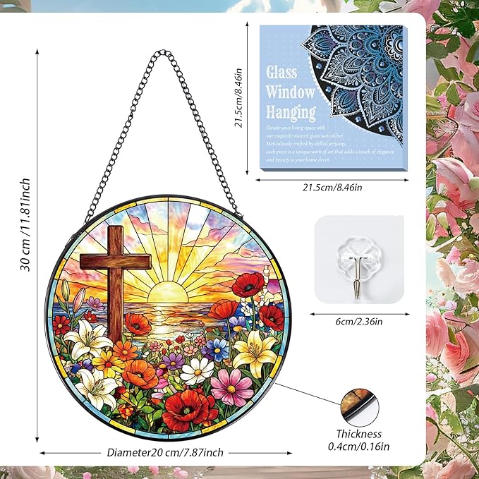 Cross Stained Glass Window Hanging, 8 Inch Wildflower Sunset Sun Catcher Gift, Religious Easter Faith Christian Gifts for Wall Art Landscape Hanging Home Decor