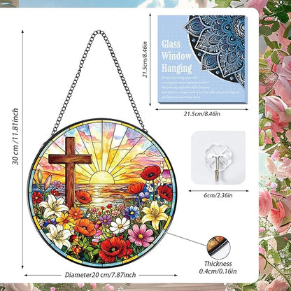 Cross Stained Glass Window Hanging, 8 Inch Wildflower Sunset Sun Catcher Gift, Religious Easter Faith Christian Gifts for Wall Art Landscape Hanging Home Decor