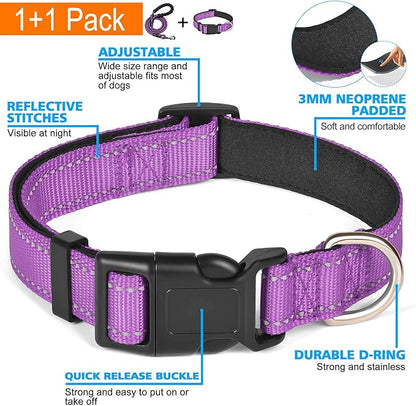 Reflective Dog Collar Padded with Soft Neoprene Breathable Adjustable Nylon Dog Collars for Small Medium Large Dogs (X-Small (Pack of 1), Purple Collar+Leash)