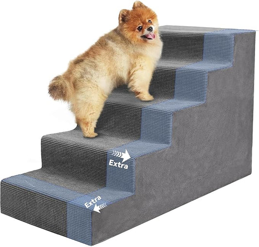 Niubya Dog Stairs for Small Dog and Cats,23”H Non-Slip Bottom Pet Steps for High Beds and Couch,Extra Wide High-Density Foam Pet Stairs Grey,5 Steps