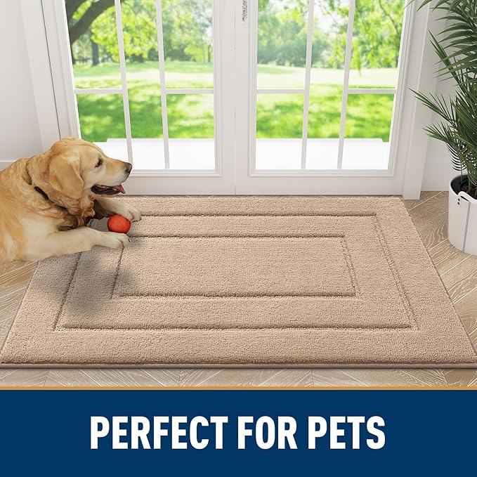 Smiry Dog Door Mat for Muddy Paws, Absorbs Moisture and Dirt, Low-Profile Entryway Mat with Non-Slip Backing, Entry Indoor Outdoor Doormat for Inside Floor (30x20 Inches, Beige, Bordered)