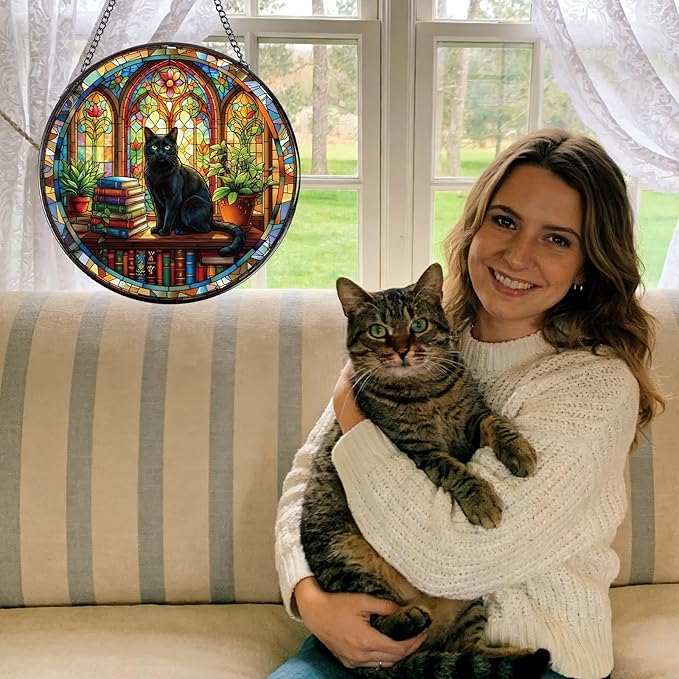 Stained Glass Window Hanging, 8 Inch Sun Catcher Cat and Book Theme Gift for Housewarming, Decorative Suncatchers Gifts for Wall Art Landscape Hanging Home Decor