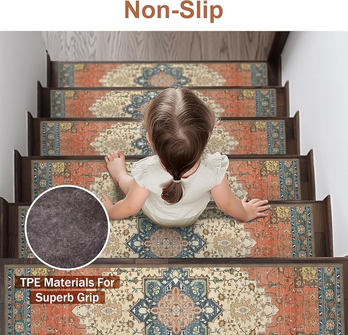 Non Slip Stair Treads for Wooden Steps 15PCS - 8"x30" Indoor Safety Carpet, Edging Mats with TPE Adhesive Backing, Pet and Elderly Friendly Stair Rugs (Red)
