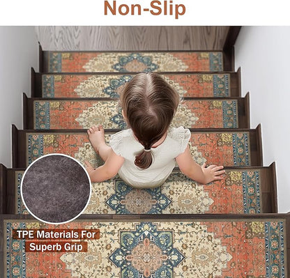 Non Slip Stair Treads for Wooden Steps 15PCS - 8"x30" Indoor Safety Carpet, Edging Mats with TPE Adhesive Backing, Pet and Elderly Friendly Stair Rugs (Red)