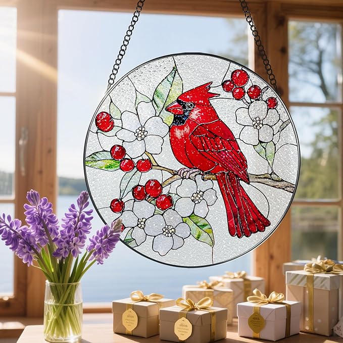 8″ Cardinal Stained Glass Suncatcher, Stained Glass Window Hanging Ornament, Red Bird Decor, Christmas Ornaments | Cardinal Memorial Gifts, Bird Lover Gift, Gifts Ideas