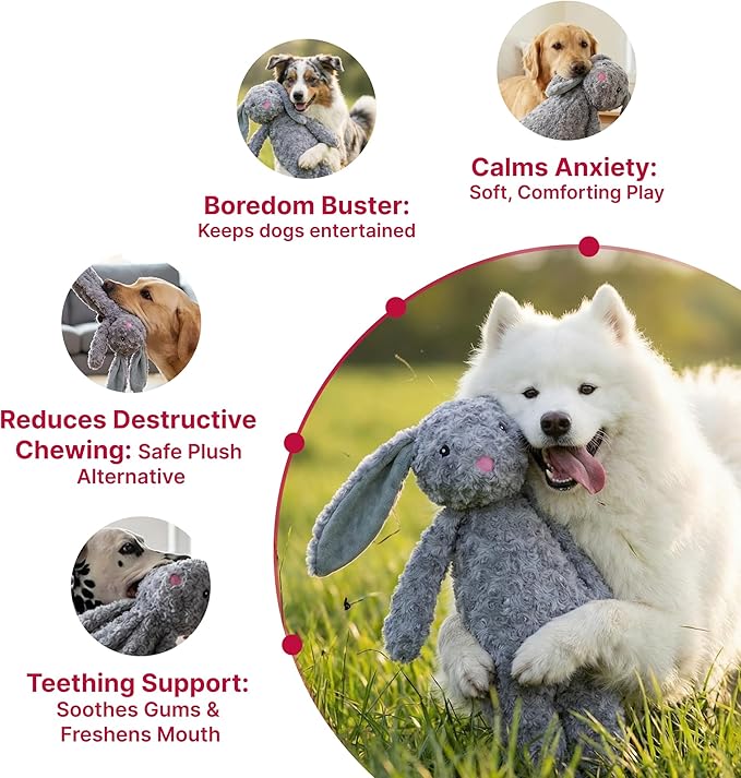 Pet Lou Floppy Rabbit Stuffingless Plush Dog Toy with Squeaker and Crinkle Paper, Dog Chew Toys, 19 Inch Durable Dog Toys for Medium and Large Dogs, Gray