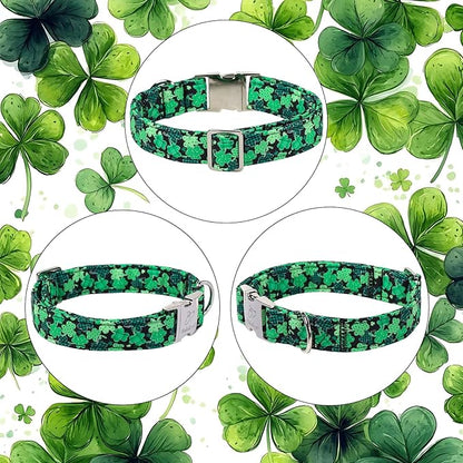 St. Patrick's Day Dog Collar, Lucky Clover Dog Collars, Adjustable Heavy Duty Irish Festive Pet Collar for Small Medium Large Dogs with Metal Buckle XL