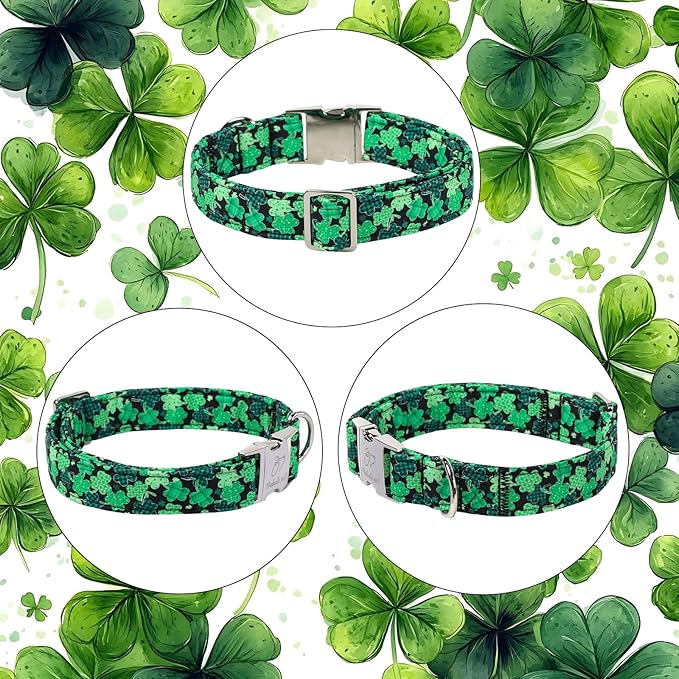 St. Patrick's Day Dog Collar, Lucky Clover Dog Collars, Adjustable Heavy Duty Irish Festive Pet Collar for Small Medium Large Dogs with Metal Buckle S