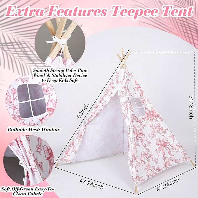 Floral Bow Teepee Tent Indoor Play Tent Coquette Playhouse Foldable Teepee for Indoor Reading Nook Room Decor