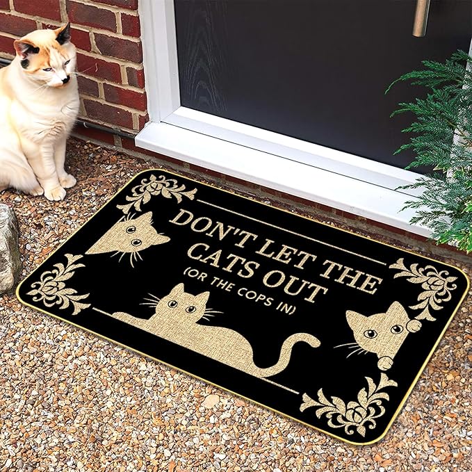 Funny Cat Welcome Mat “Don’t Let The Cats Out or The Cops in” Doormat, 29"x17" Non-Slip Indoor Outdoor Rug for Front Porch or Entryway, Cat Lover Gift