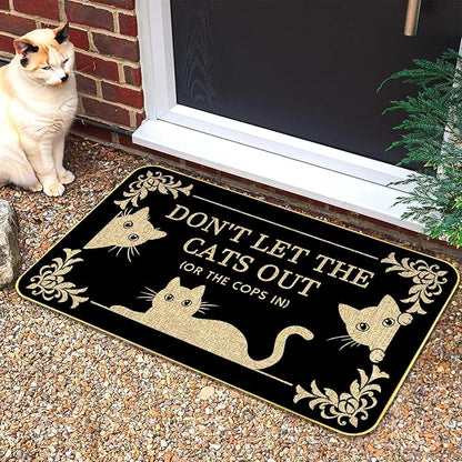 Funny Cat Welcome Mat “Don’t Let The Cats Out or The Cops in” Doormat, 29"x17" Non-Slip Indoor Outdoor Rug for Front Porch or Entryway, Cat Lover Gift