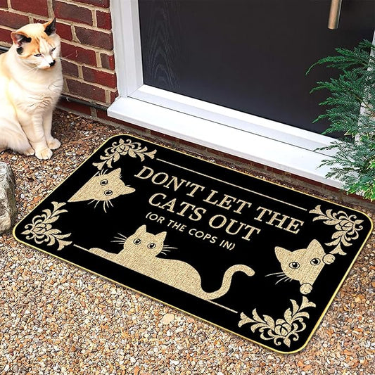 Funny Cat Welcome Mat “Don’t Let The Cats Out or The Cops in” Doormat, 29"x17" Non-Slip Indoor Outdoor Rug for Front Porch or Entryway, Cat Lover Gift