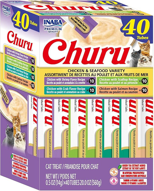 INABA Churu Cat Treats, Lickable, Squeezable Creamy Purée Cat Treat with Green Tea Extract & Taurine, 0.5oz. Each Tube, 40 Tubes, Chicken & Seafood Variety