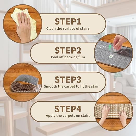 Non-Slip Carpet Stair Treads 4PCS, 8"x30" Peel and Stick Stair Runner for Wooden Steps Indoor, Washable Reusable Adhesive Backing, Pet-Friendly Safety Mats for Kids, Elders, Dogs