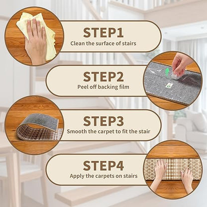 Non-Slip Carpet Stair Treads 15PCS, 8"x30" Peel and Stick Stair Runner for Wooden Steps Indoor, Washable Reusable Adhesive Backing, Pet-Friendly Safety Mats for Kids, Elders, Dogs