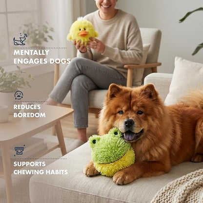Pet Lou Chick and Frog EZ Squeaky Ball Dog Plush Toy, Twin Pack (4"), Durable Plush Dog Squeaker Toys, Stuffing-Free Pet Supplies for Small & Medium Dogs, Yellow