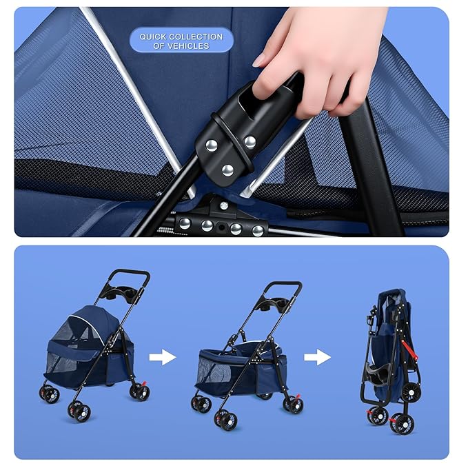 4 Wheels Pet Stroller for Medium Small Dog up to 50lbs, Dog Cat Stroller, Outdoor Travel Pet Folding Strollers, Cat Cage Strollers with Cup Holder, Breathable and Visible Mesh (1 Set-Blue)