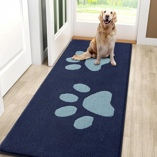 Smiry Dog Door Mat for Muddy Paws, Absorbs Moisture and Dirt, Low-Profile Entryway Mat with Non-Slip Backing, Entry Indoor Outdoor Doormat for Inside Floor (59x24 Inches, Dark Blue, Paw)