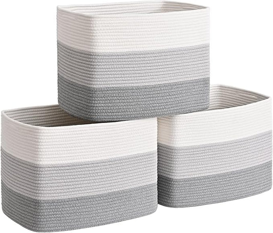 3 Pack Cube Storage Bin, 17”x12”x12” Cotton Rope Woven Baskets for Organizing Toys Clothes Towels, Square Gift Storage Baskets for Shelves, Nursery, Closet, Bathroom, Pantry (3-Tone Gray)